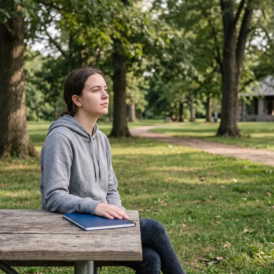 A teenage student sitting at a picnic table in a park, notebook closed, looking out across the grass