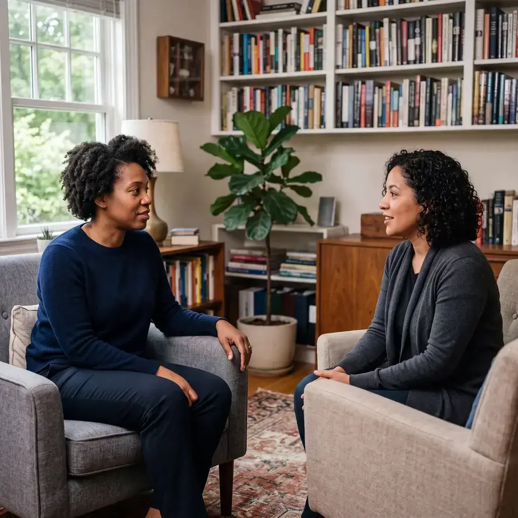 Two colleagues sitting in armchairs, mid-conversation