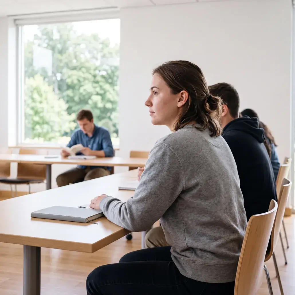 A student sitting among others in a bright classroom, listening