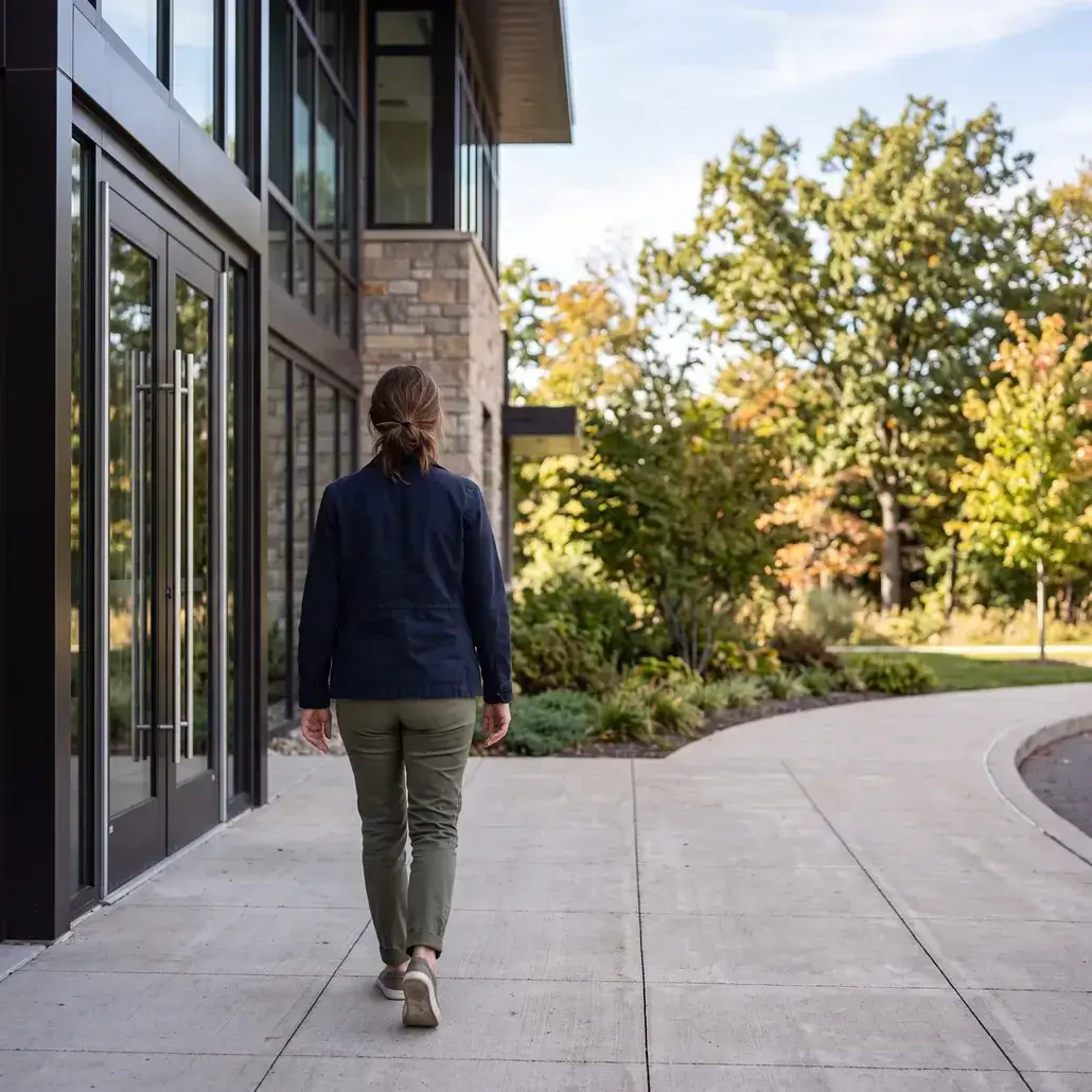A woman walking away down the walkway, the glass entrance doors behind her