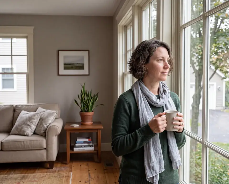 A woman standing in her living room with a mug, unhurried