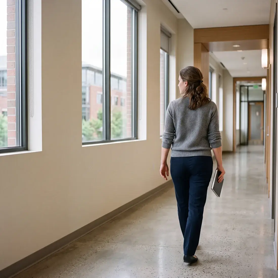 A woman walking the corridor of a modern professional building