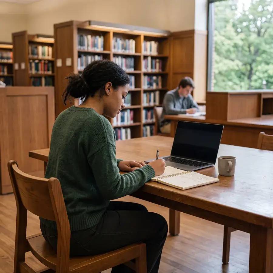 A college student working through a paper planner at a library table