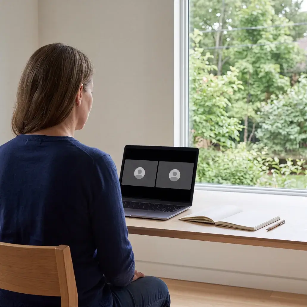 A parent at a desk in a remote coaching session, notebook open beside the laptop