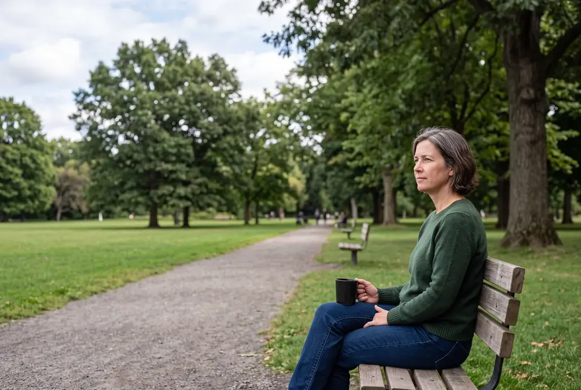 A woman sitting alone on a park bench with a coffee, taking a minute for herself