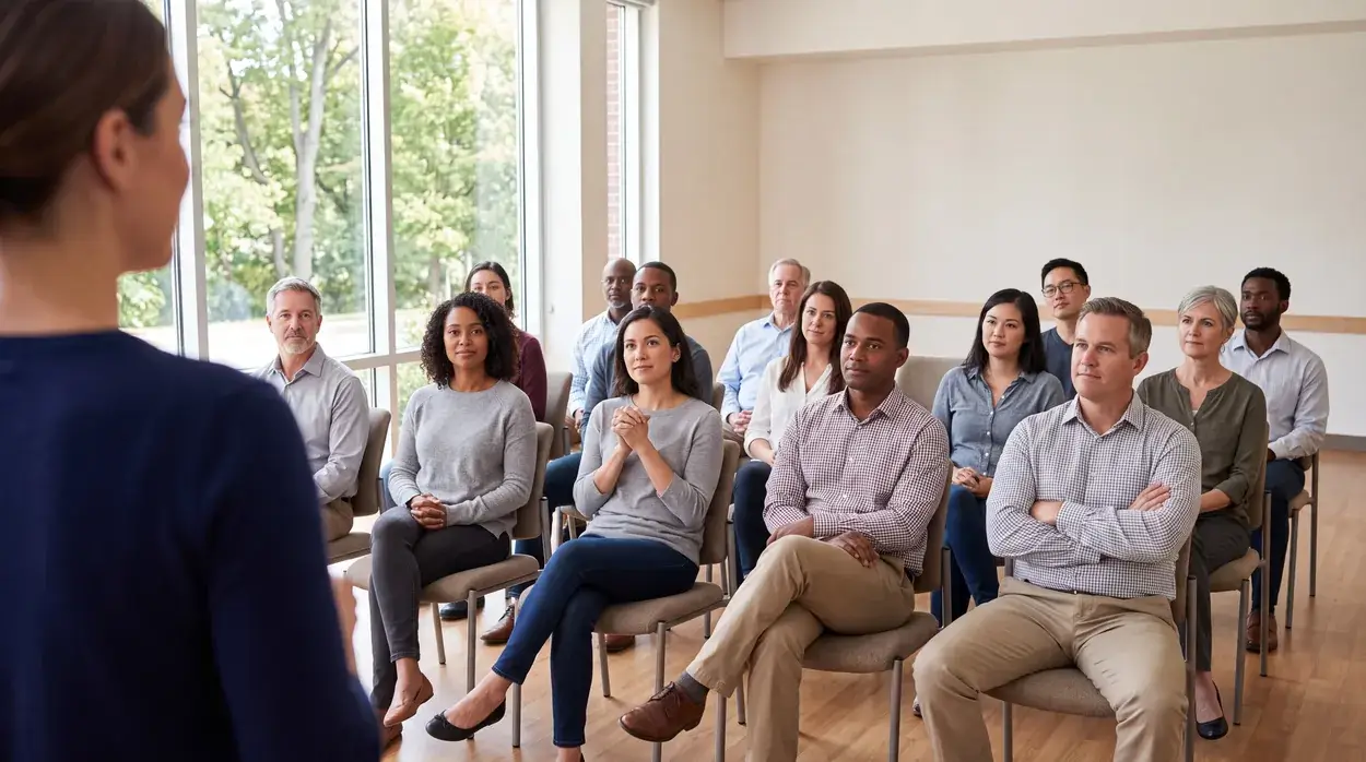 A presenter seen from behind, speaking to a room of adults seated and listening