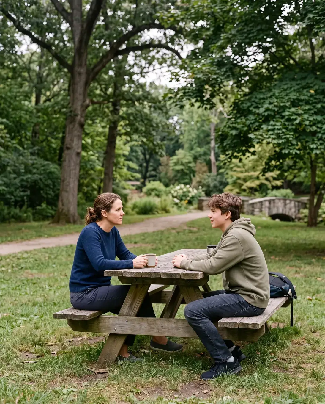 A parent and their teenager talking something through at a picnic table in a park