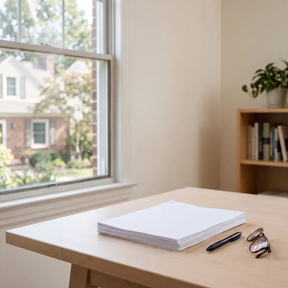 A stack of printed pages beside a pen and reading glasses on a desk