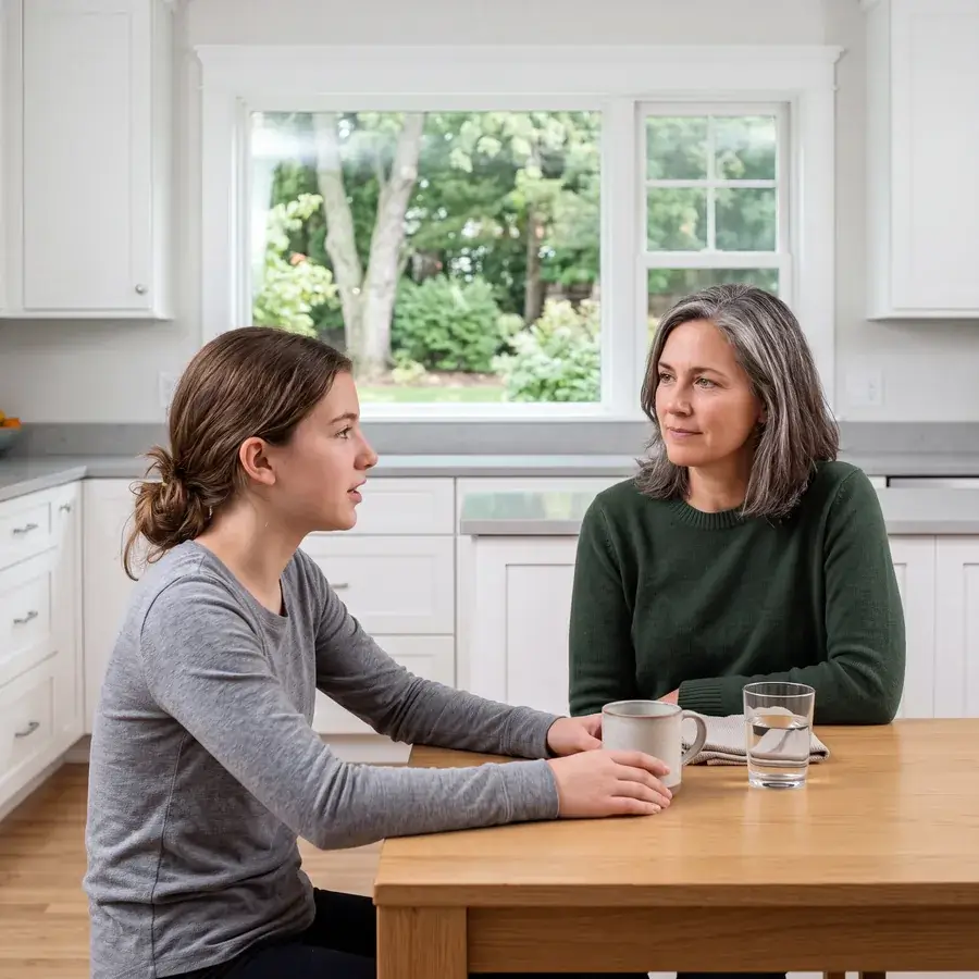 A mother and her teenage daughter talking at the kitchen table