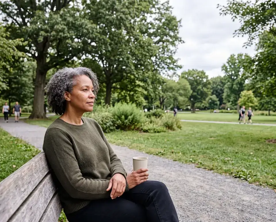 A woman sitting on a park bench with a coffee, looking out across the grass