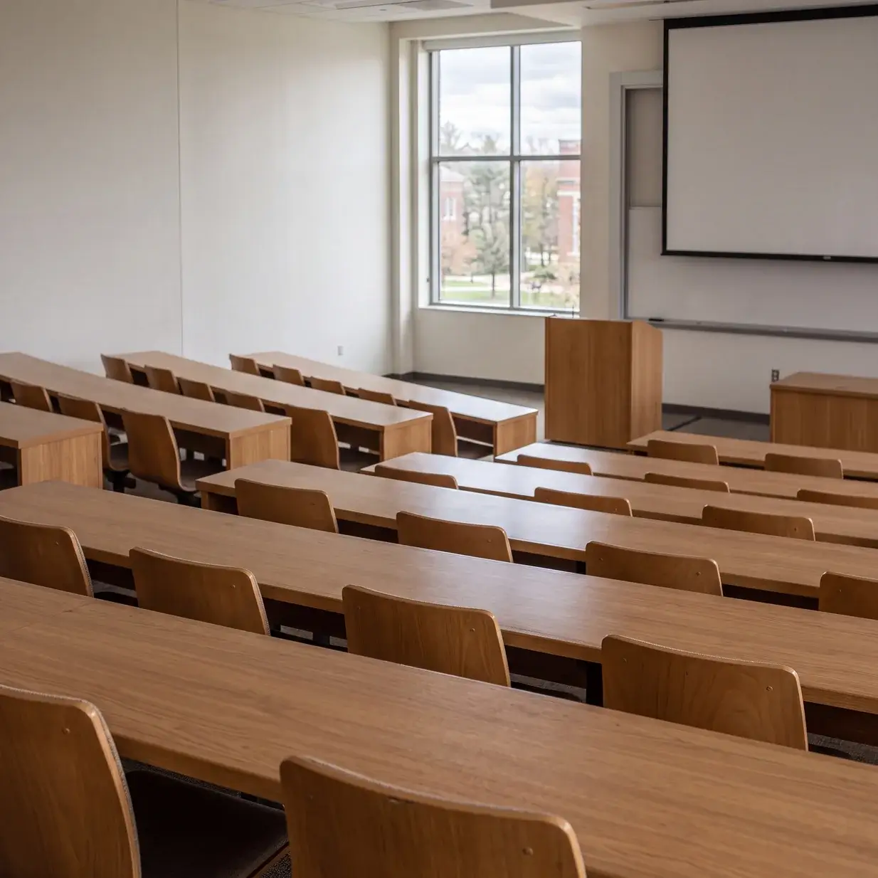 An empty university seminar room seen from the back rows