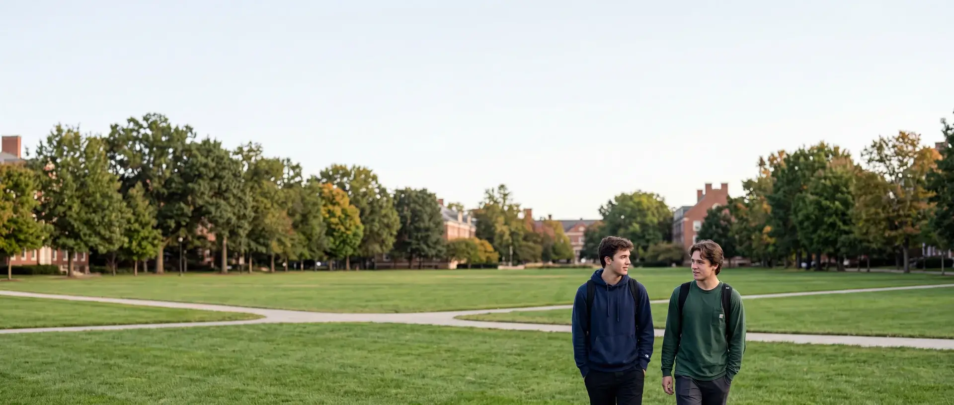 Two students walking together across an open park green