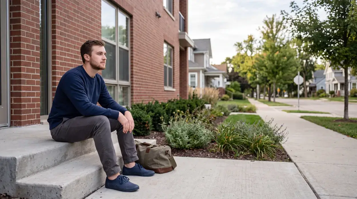 A young man on the front steps of a brick building, duffel bag beside him
