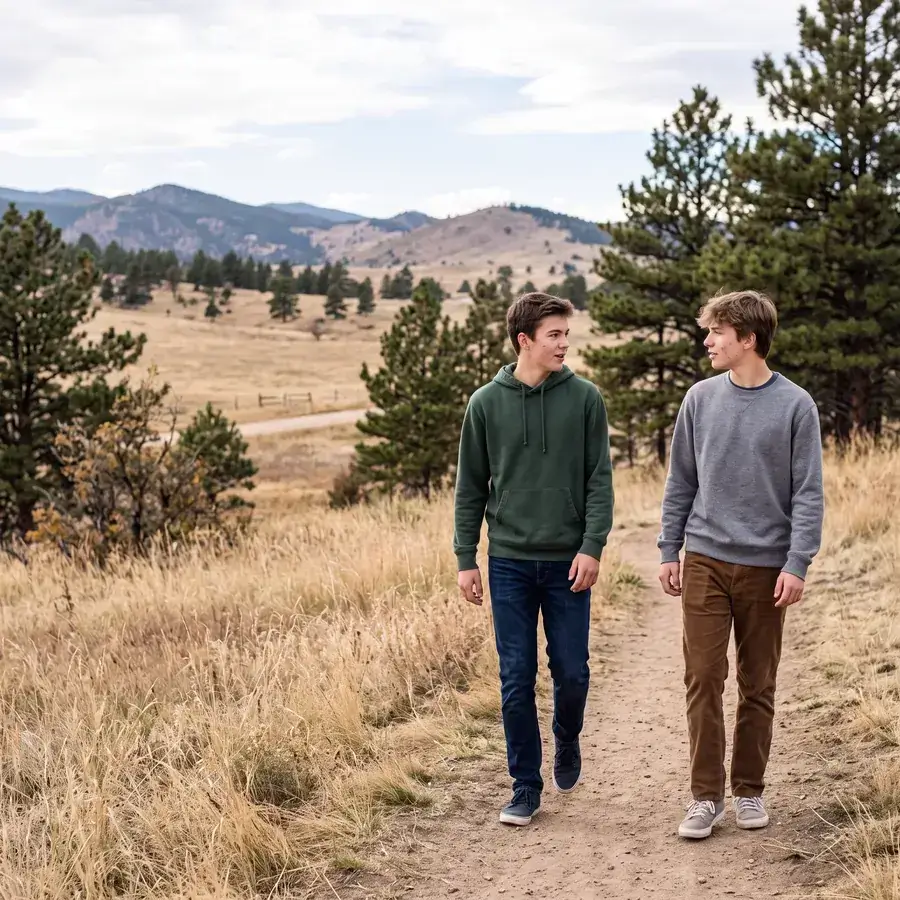 Two teenagers walking a foothill trail together, mid-conversation