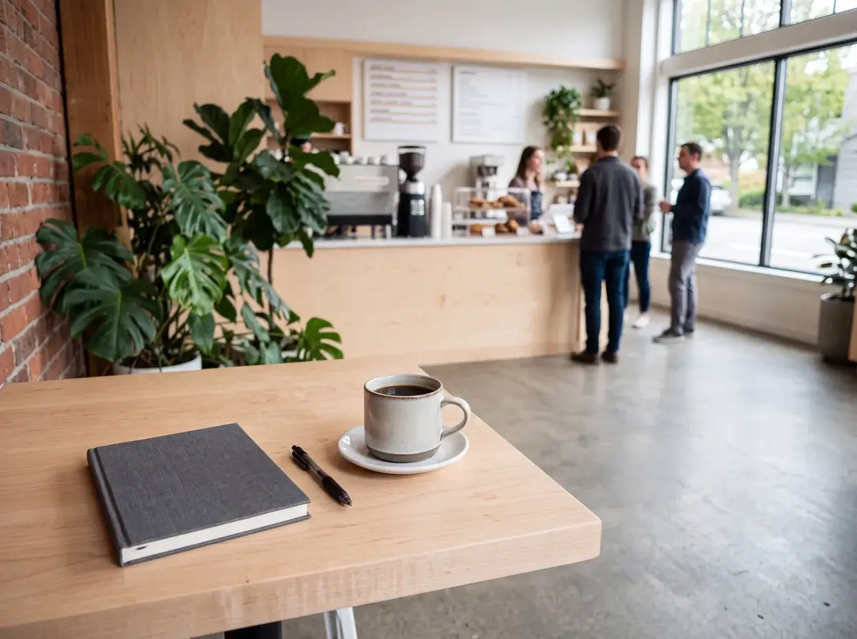 A closed notebook, a pen and a coffee on a cafe table