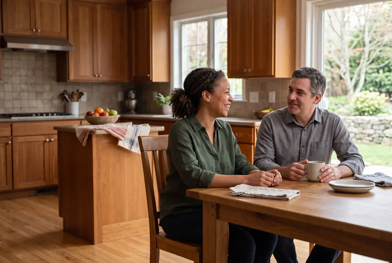 Two parents talking with each other at the kitchen table