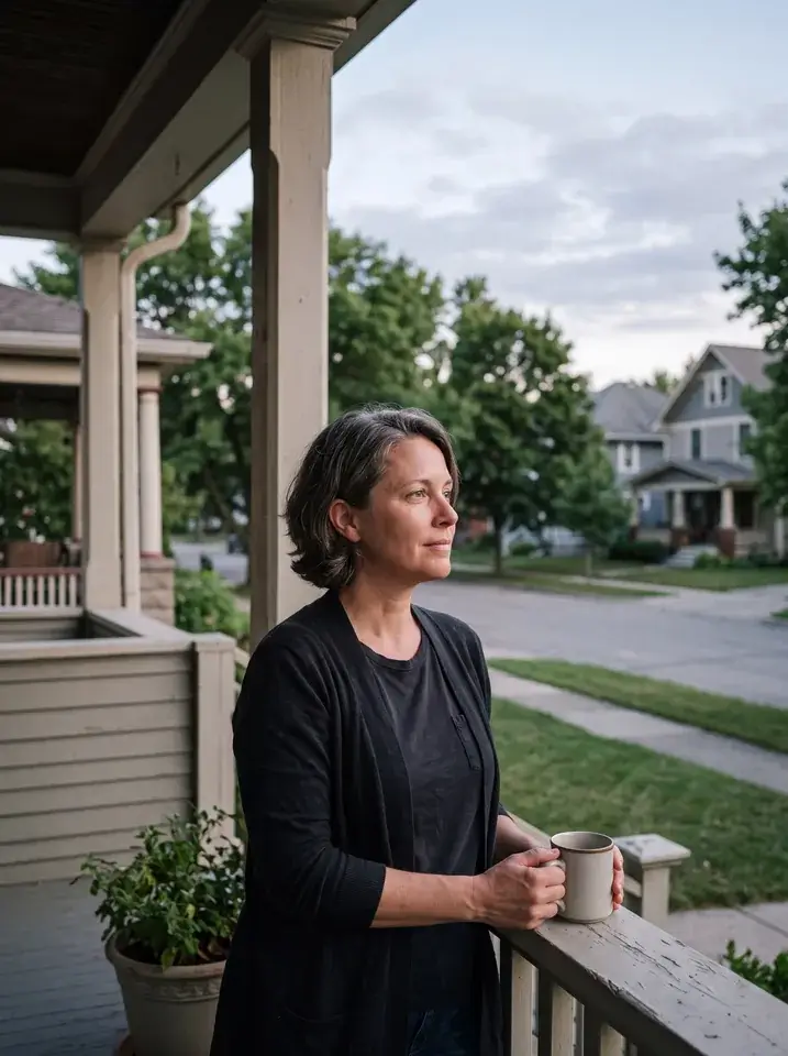 A mother standing on her porch with a mug at the end of the day, looking out at the street