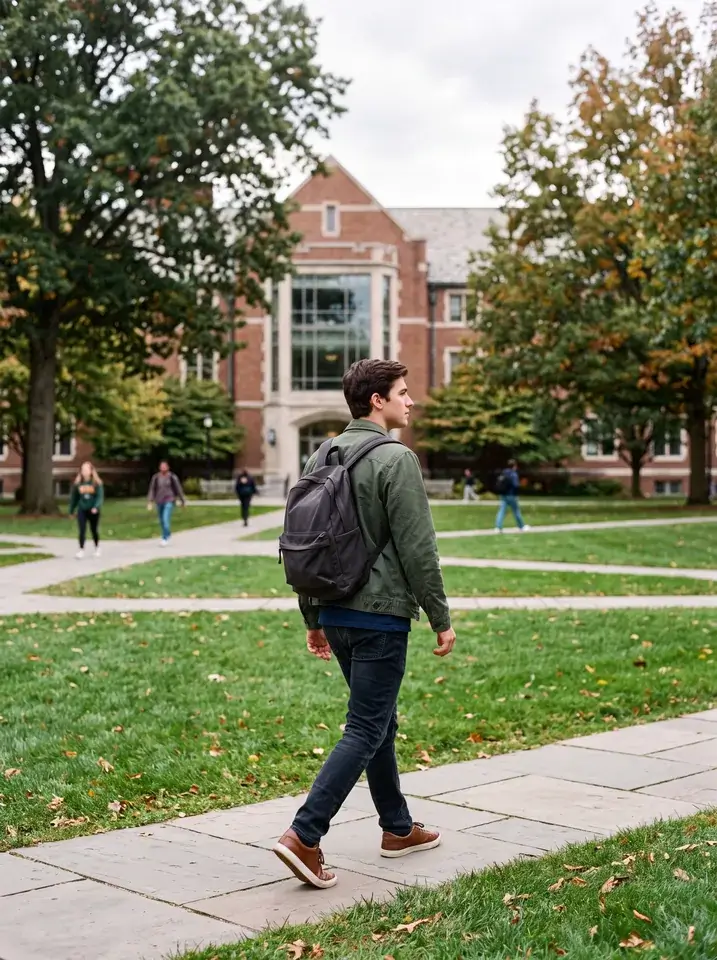 A young man crossing a university quad with a backpack over one shoulder
