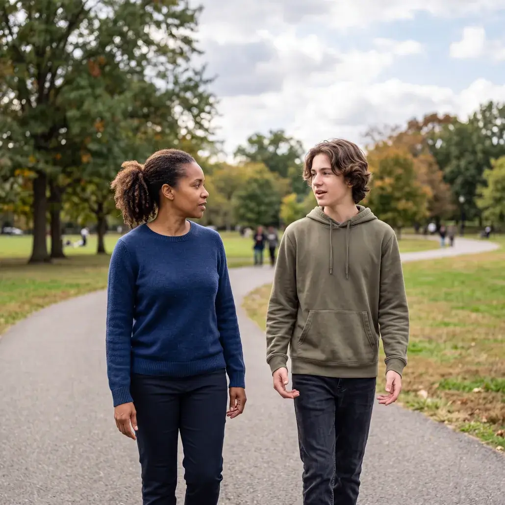 A parent and their teenager walking a park path side by side, mid-conversation