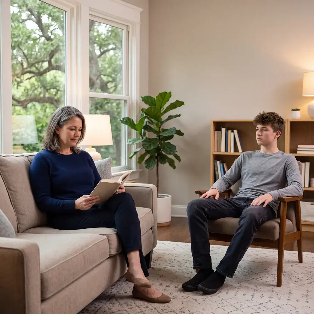 A mother reading on the sofa while her teenage son sits nearby, an ordinary quiet evening