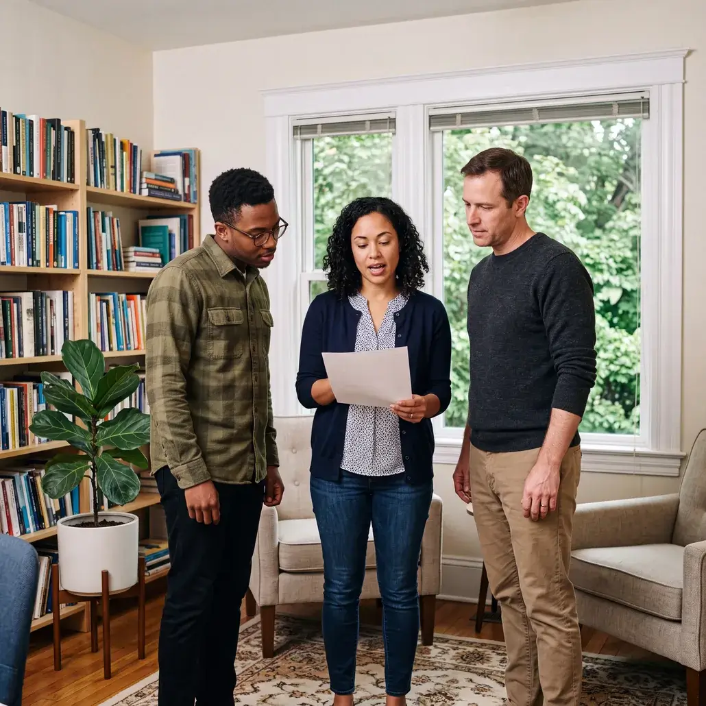 Three colleagues standing together in an office, going over a single page