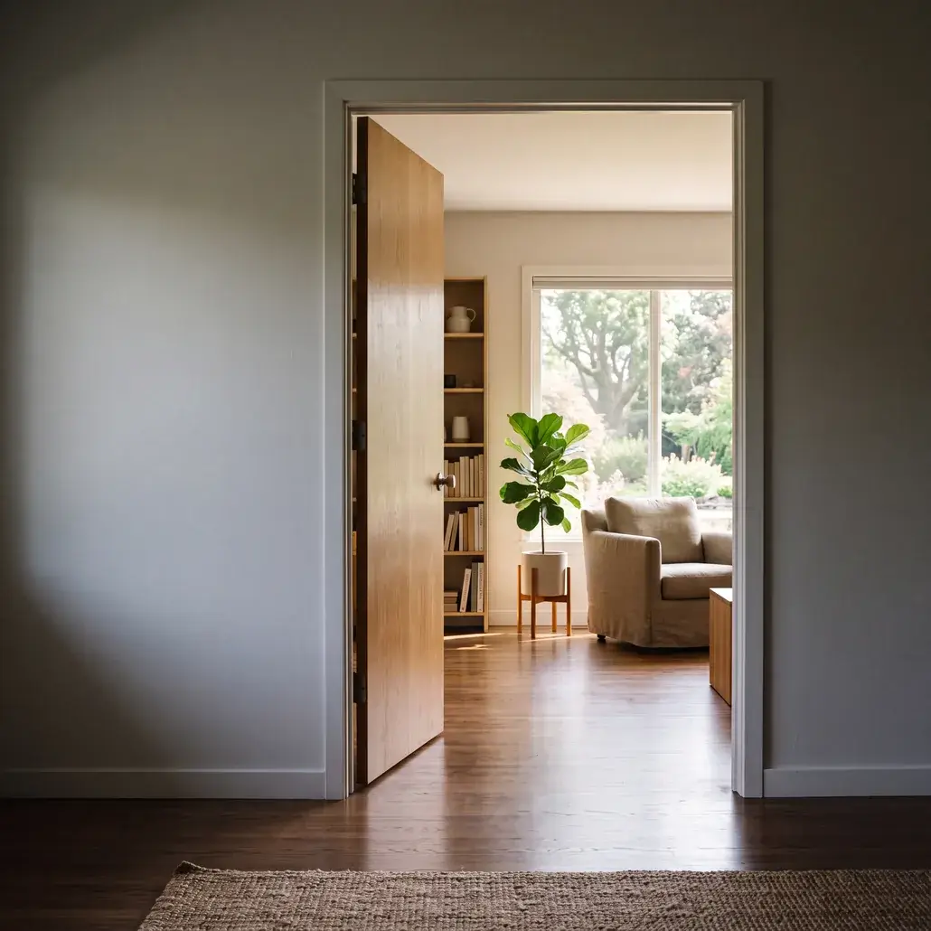 An interior door standing open onto a bright, calm room beyond