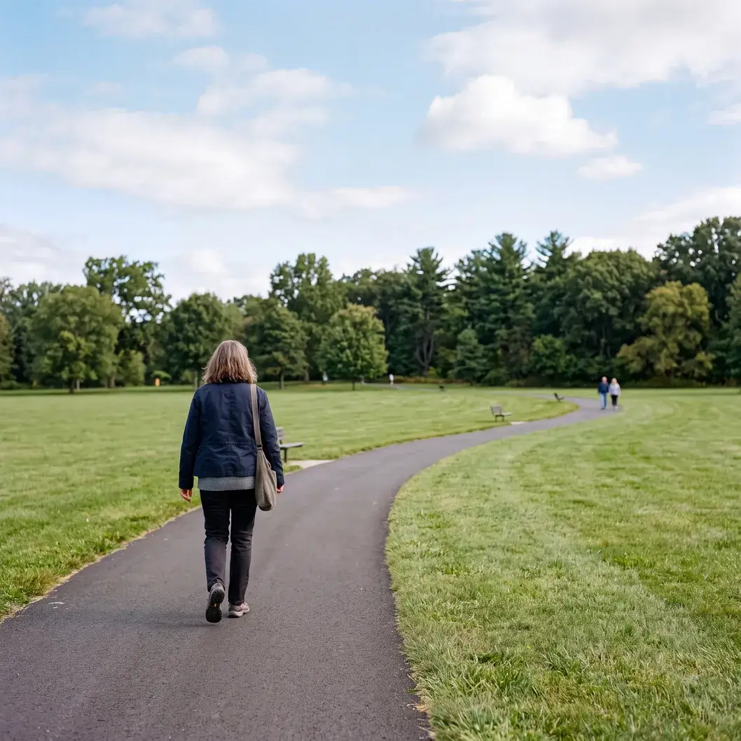 A woman walking a path across an open park green on her own