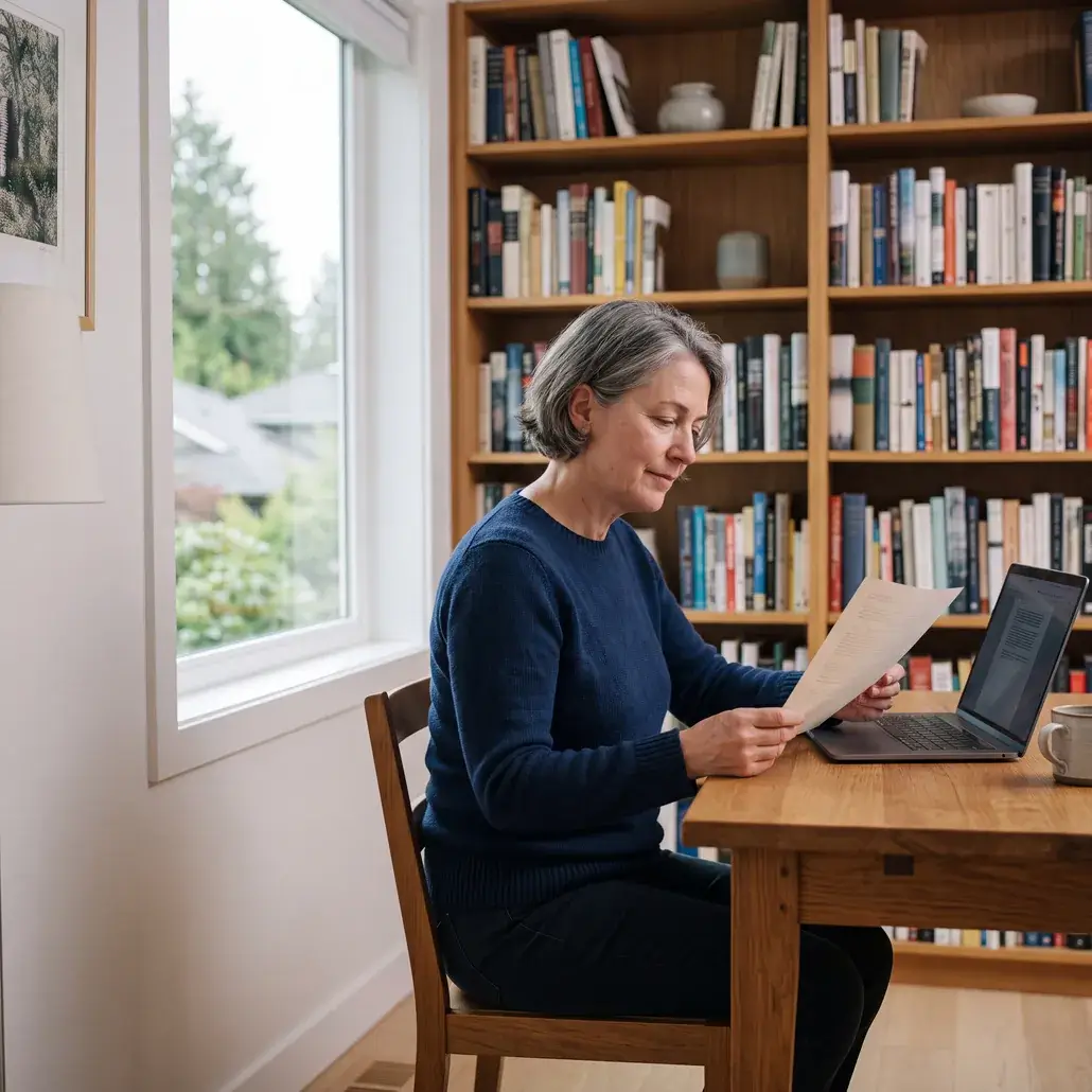 A coach at a desk reviewing a printed page beside an open laptop