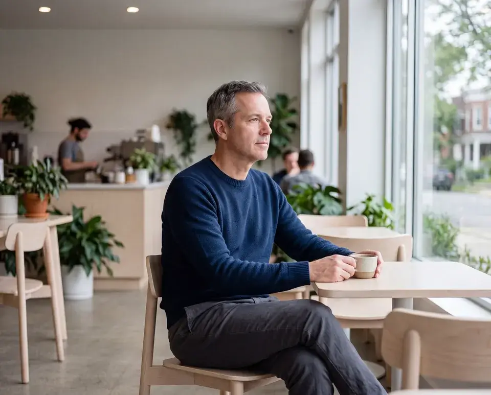 A man sitting with a coffee in a quiet cafe, thinking something over