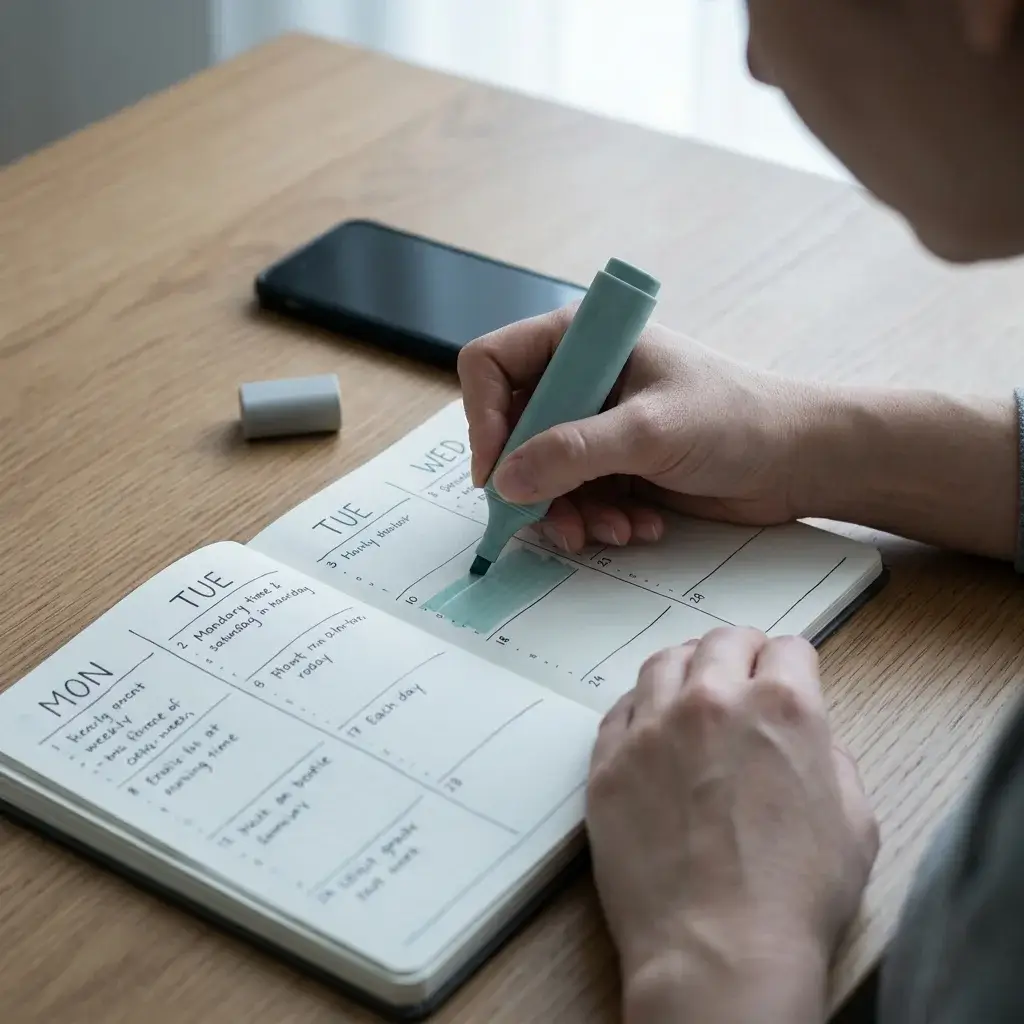 A student blocking out the week ahead in a paper planner with a highlighter