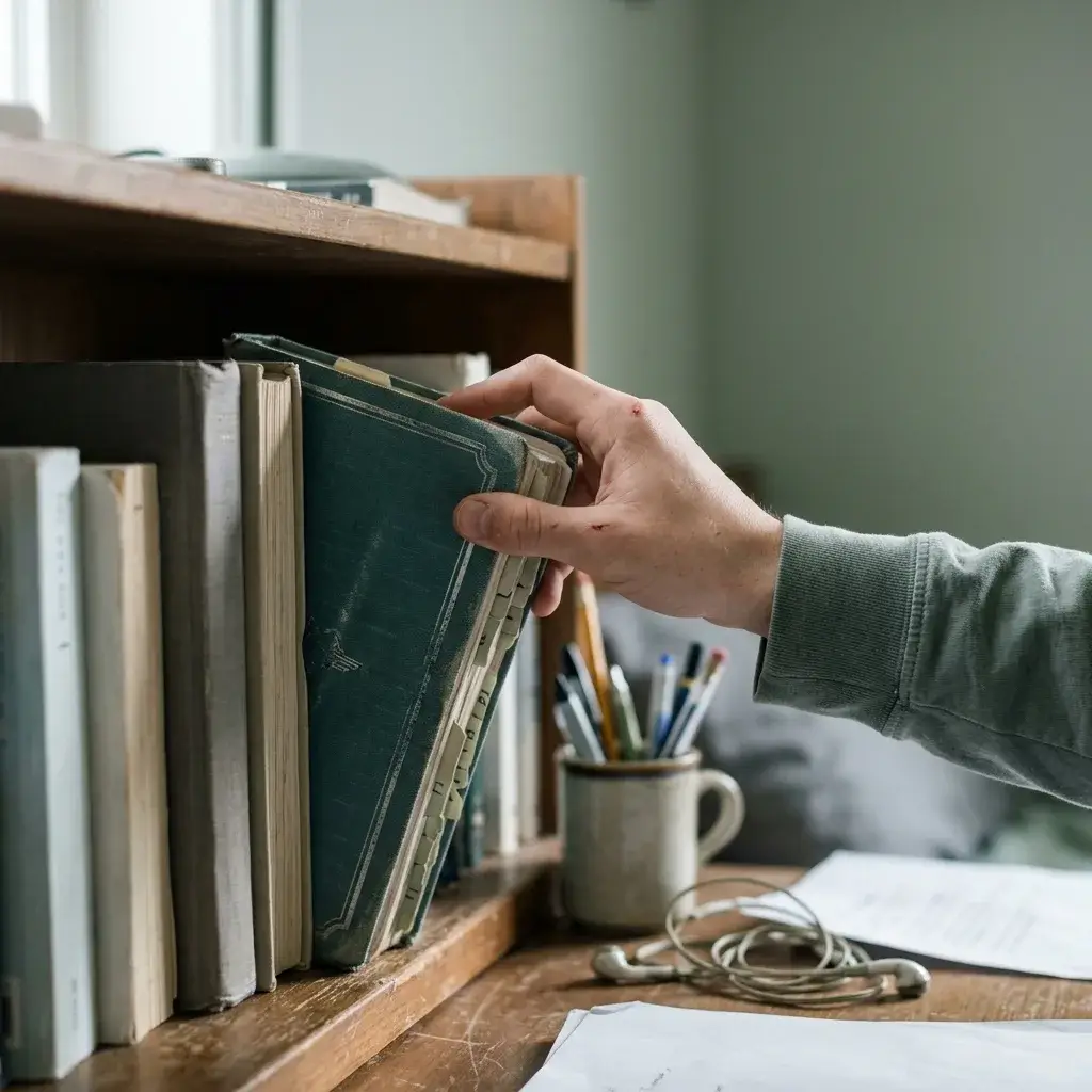 A student reaching for a well-used planner on a shelf above their desk