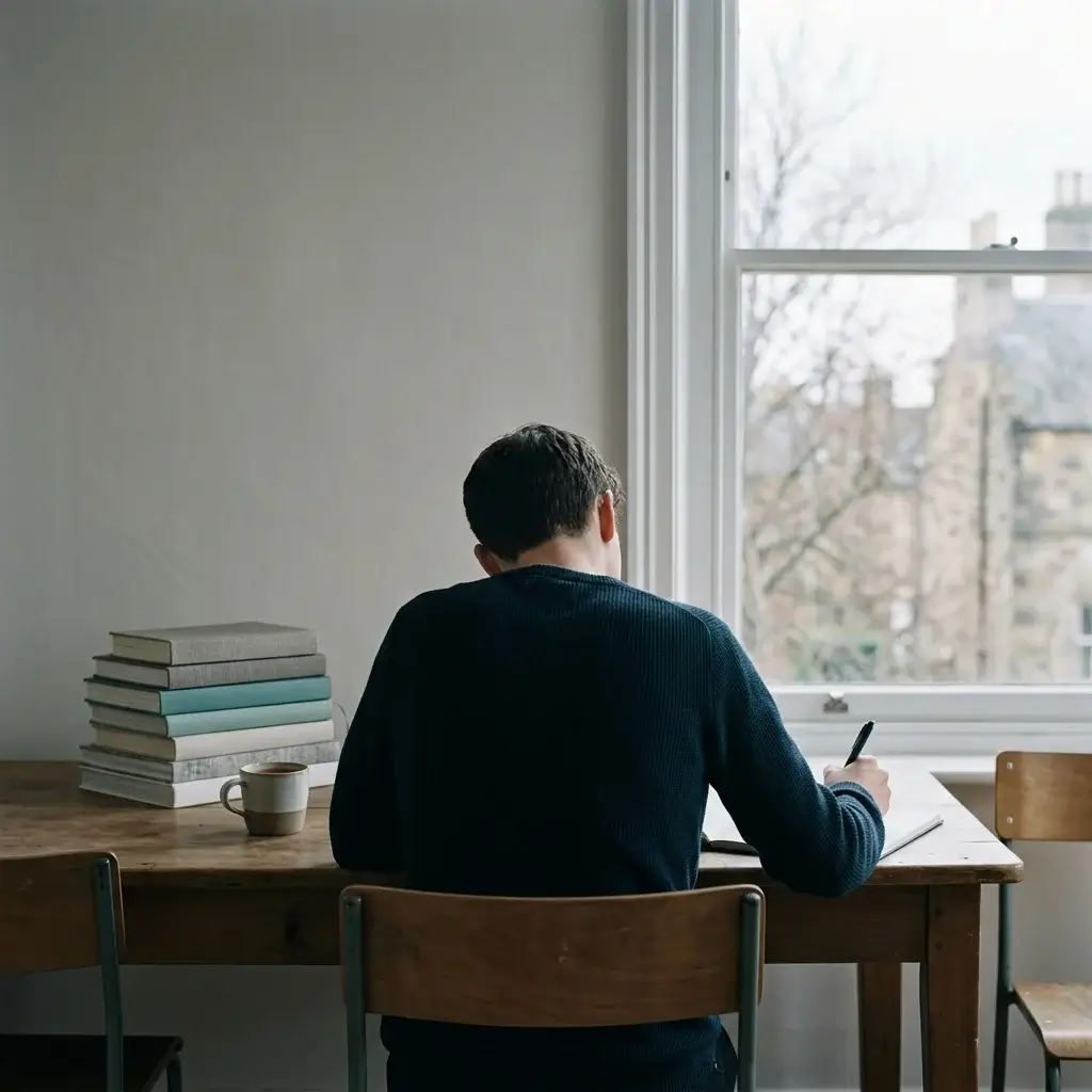A student working alone at a desk by a window, books stacked beside them