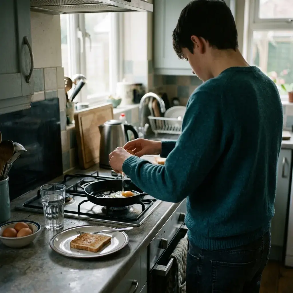 A teenager cooking eggs at the hob in a home kitchen in morning light, a plate of toast ready on the counter