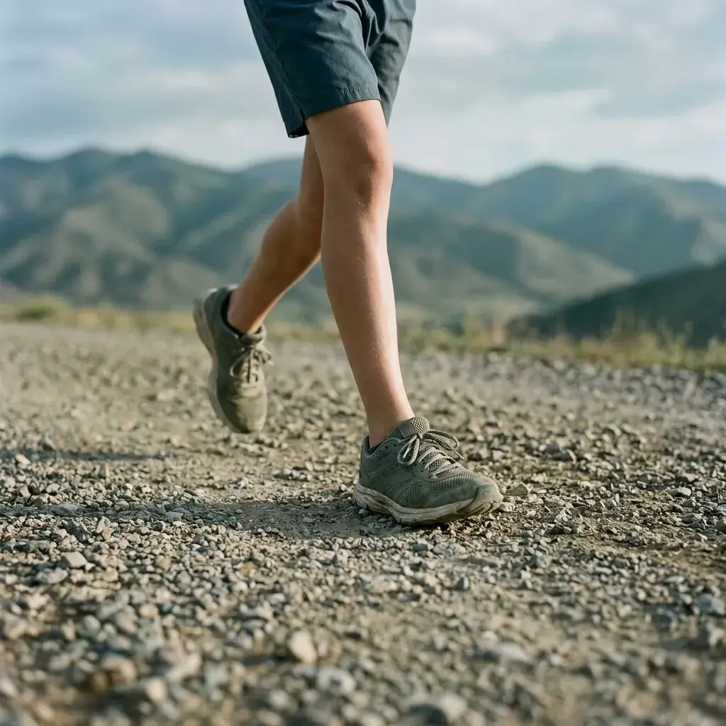 Close view of a young person's trainers mid-stride on a gravel foothill trail, mountains soft in the distance