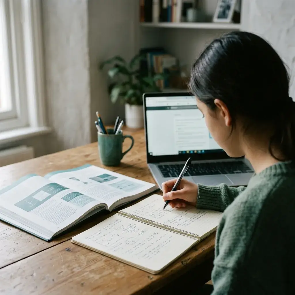 A student writing in a spiral notebook at a home desk beside an open textbook and a laptop