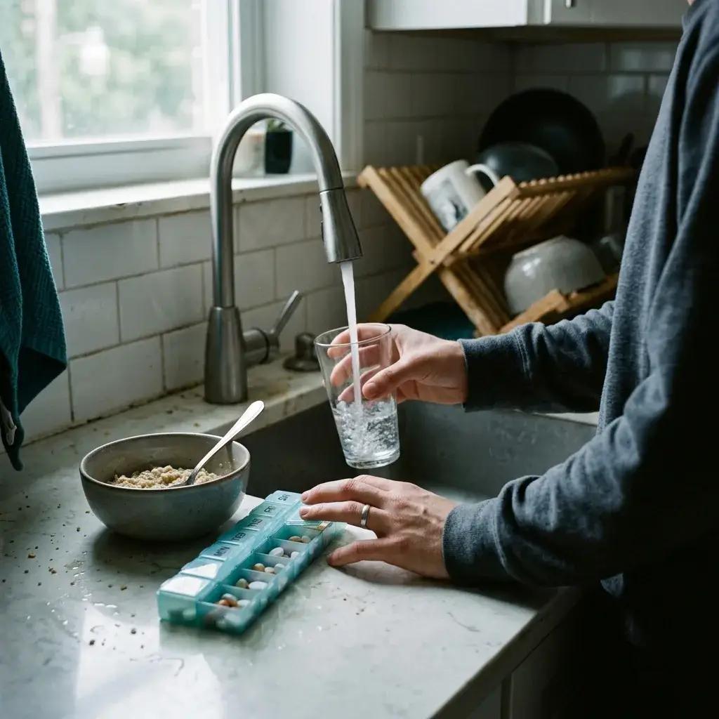A young adult filling a glass of water beside a weekly pill organiser and a bowl of breakfast
