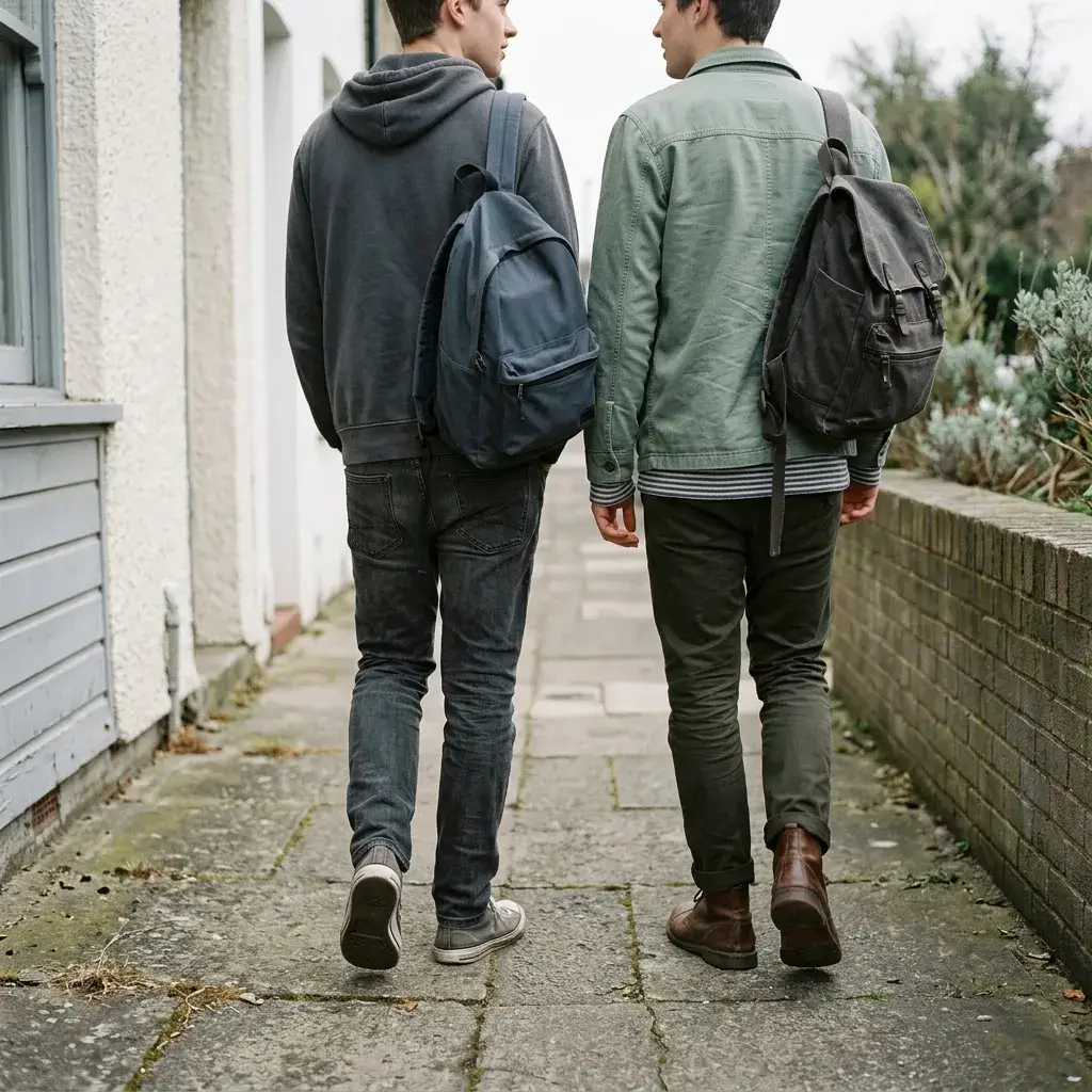 Two young adults walking together along a pavement, mid-conversation