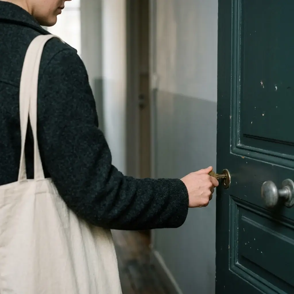 A young adult turning a key in the door of their own flat, a bag over one shoulder